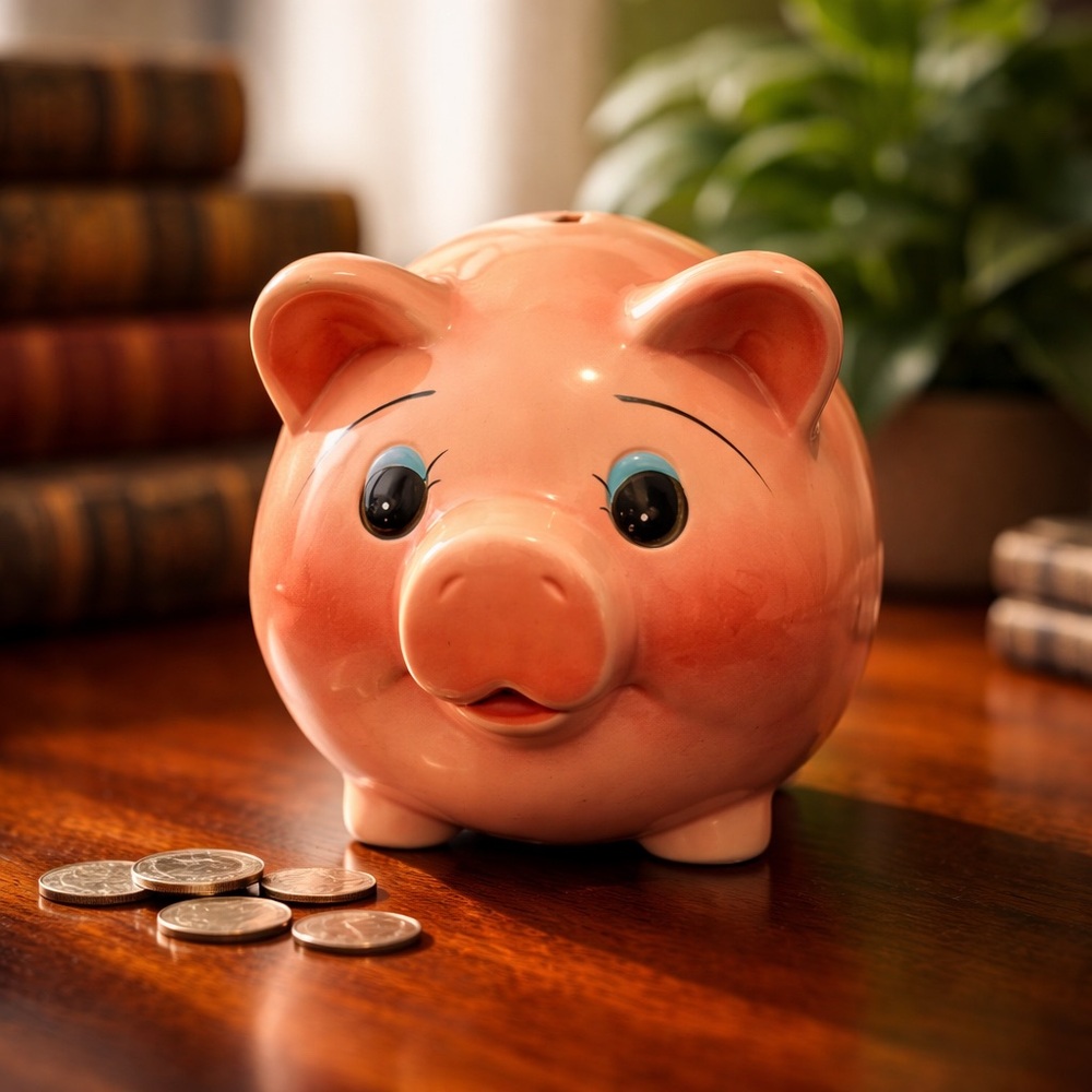 MCM Large Pot Belly Piggy Bank With Blushed Cheeks and Blue/Black Eyes